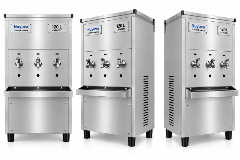 Nuyova 120 litre water cooler from three angles